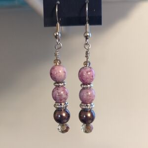 Pink and Brown Dangle Earrings with Silver Accents